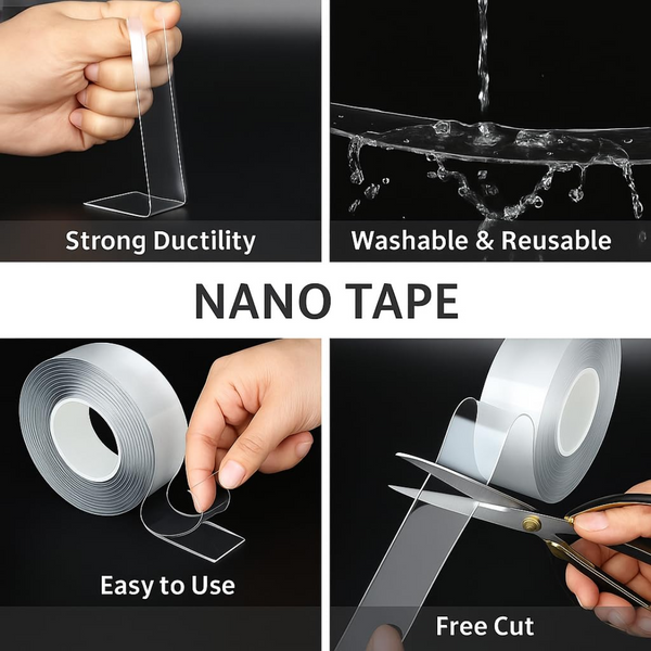 Nano Tape 3 Meter Transparent Double-Sided Adhesive Removable, Reusable, Waterproof Gel Grip 30mm Width (Set of 1) Used View