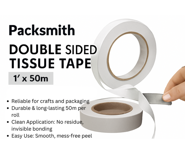 Packsmith double-sided tissue tape with a hand holding it, on a gray background.