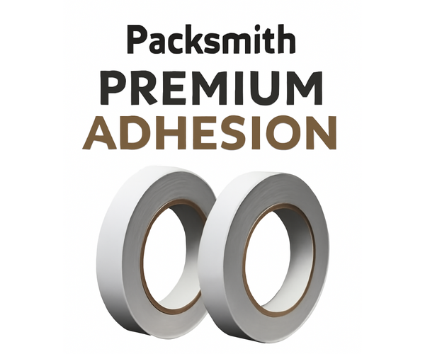 Packsmith_Double-Sided_Tissue_Tape_1_x_50m_Set_of_2_Rolls_Front_with_Details_View_Strong_Adhesive_for_Crafts_DIY_Packaging