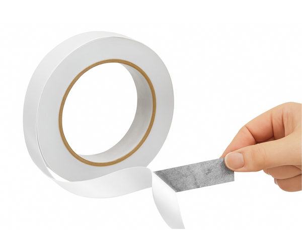 Roll of gray tape with a hand holding a piece of tape