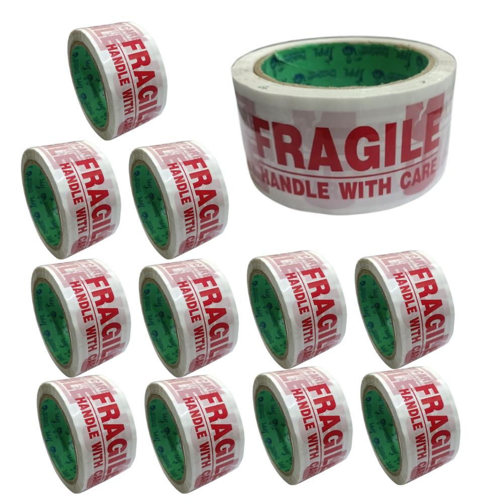 Fragile packing tape 2 inch x 65 m, set of 12 red on white rolls with one roll in front