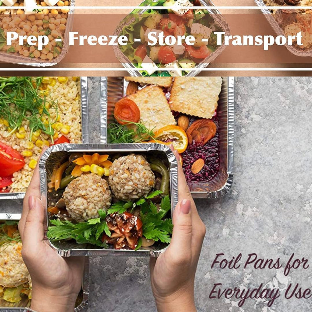 Aluminium foil containers filled with salads and meals, hands holding one; text reads Prep, Freeze, Store, Transport