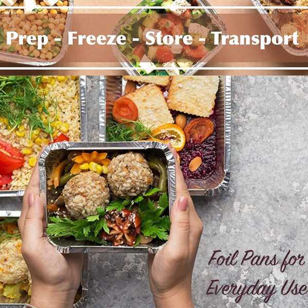 Aluminium foil containers filled with salads and meals, hands holding one; text reads Prep, Freeze, Store, Transport