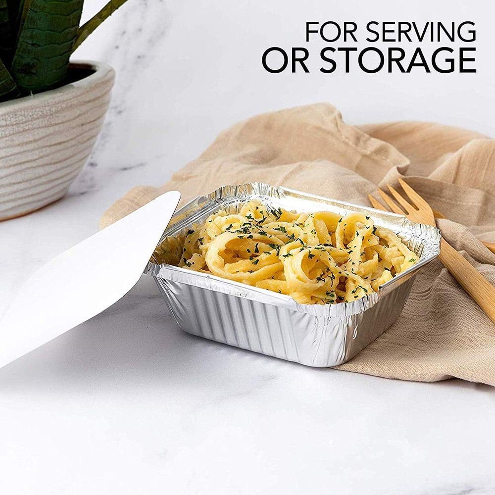 Aluminium foil container with lid holding pasta, lid propped open beside it; text reads For serving or storage
