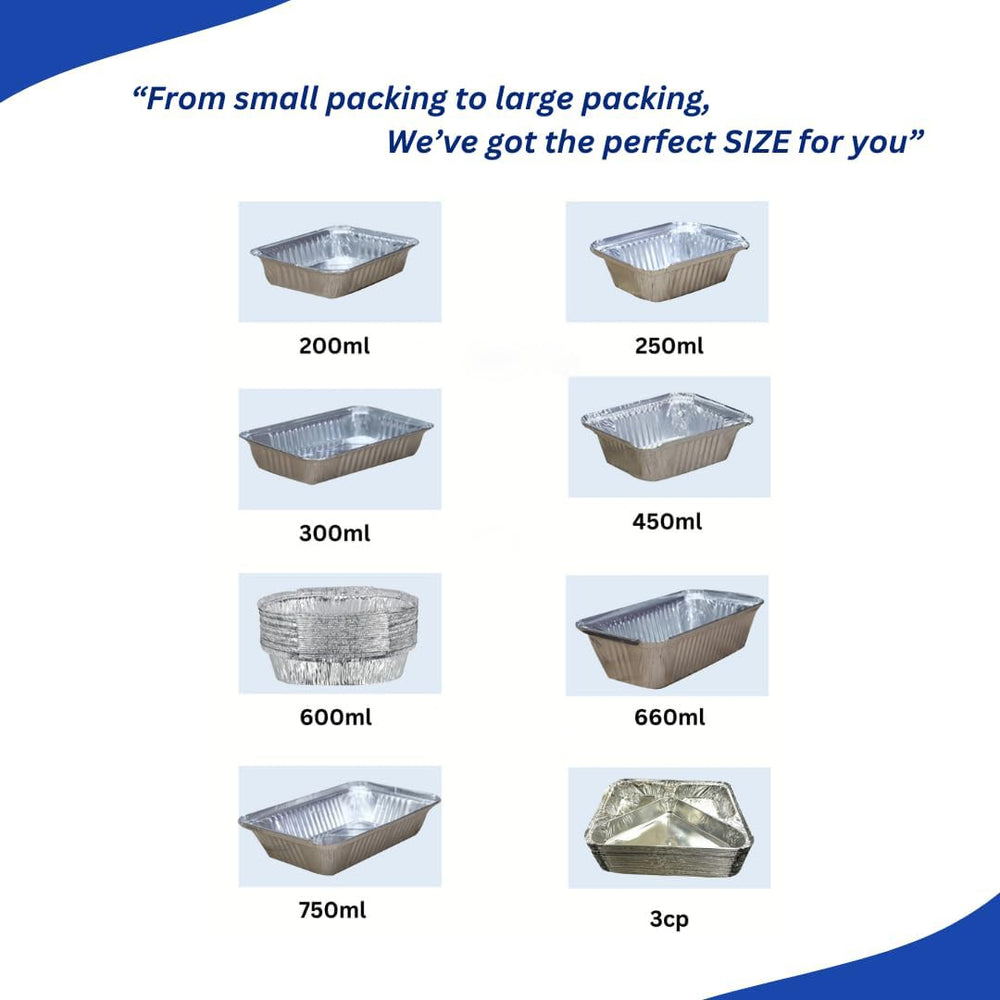 Aluminium foil container size chart from 200 ml to 750 ml plus a 3-compartment tray, each shown as a sample