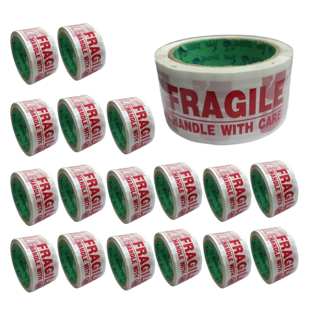 Fragile packing tape 2 inch x 65 m, set of 18 rolls in rows beside a large roll