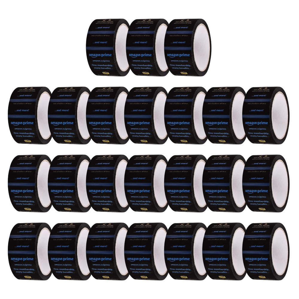 Printed packaging tape for Amazon sellers, pack of 24 black rolls with blue print in four rows