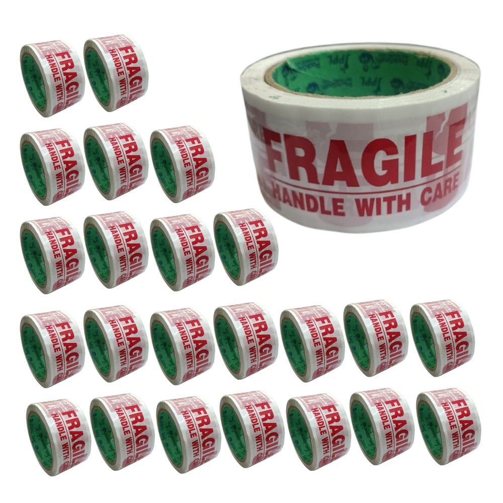 Fragile packing tape 2 inch x 65 m, set of 24 rolls in rows beside a large roll