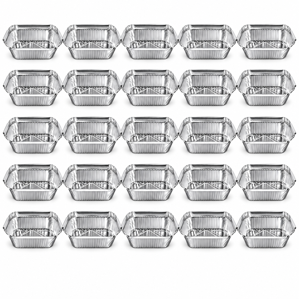 25 aluminium foil trays in five rows of five, rectangular food containers seen from above at an angle