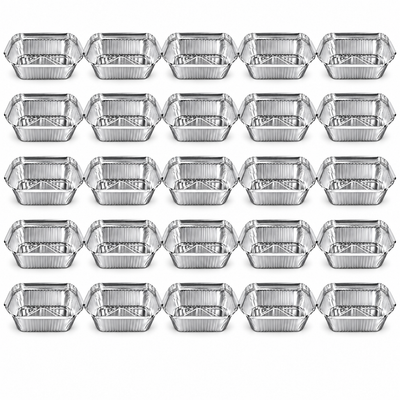 25 aluminium foil trays in five rows of five, rectangular food containers seen from above at an angle
