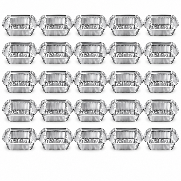 25 aluminium foil trays in five rows of five, rectangular food containers seen from above at an angle