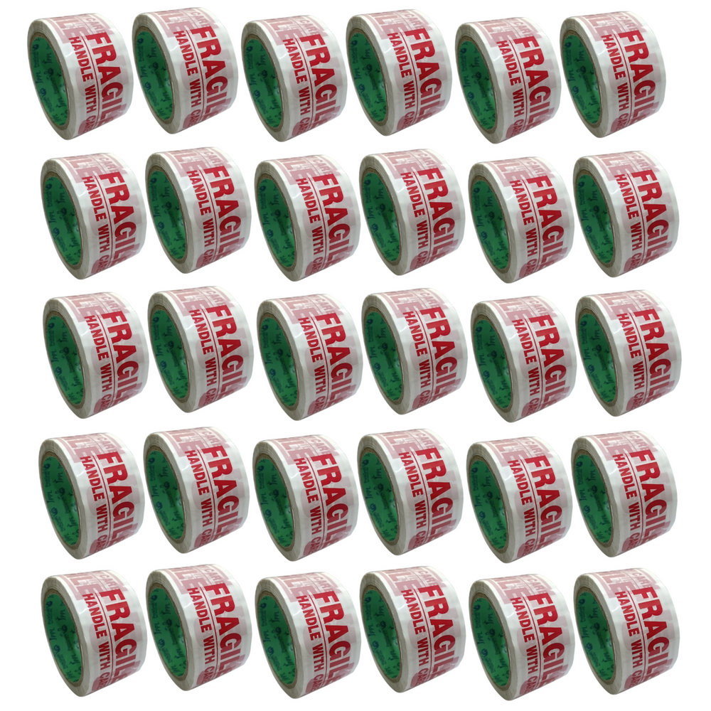 Fragile packing tape 2 inch x 65 m, 30-roll pack, front view in a six by five grid