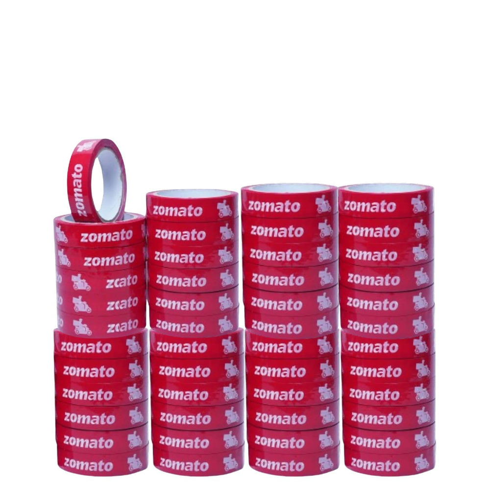 Food delivery tape for Zomato partners, bulk pack of 48 red 1 inch rolls stacked in columns