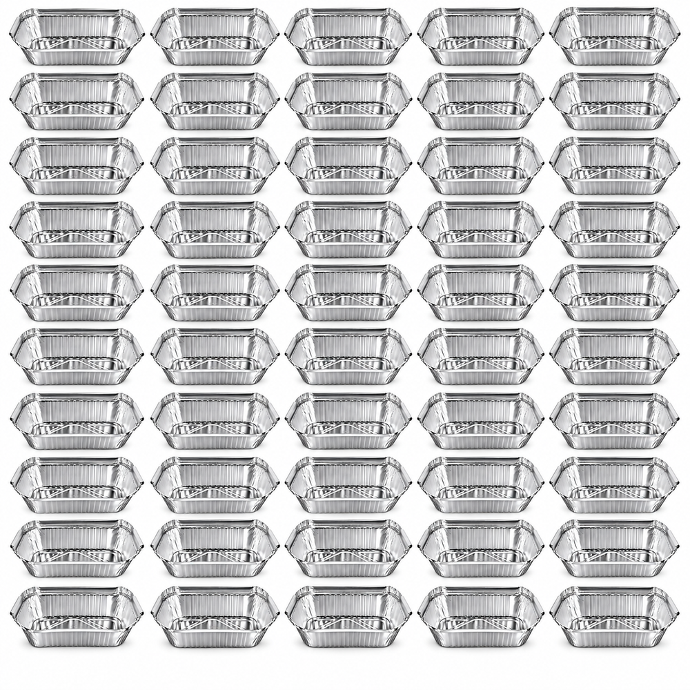 Bulk pack of 50 rectangular aluminium foil containers lined up in ten rows of five