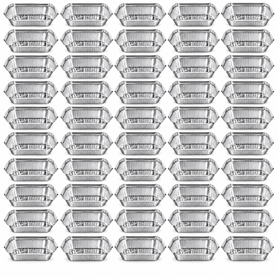 Bulk pack of 50 rectangular aluminium foil containers lined up in ten rows of five