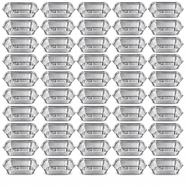Bulk pack of 50 rectangular aluminium foil containers lined up in ten rows of five