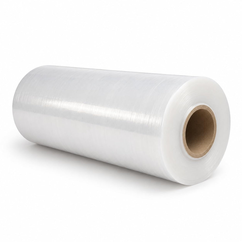 Clear stretch film roll 300 mm wide on a cardboard core