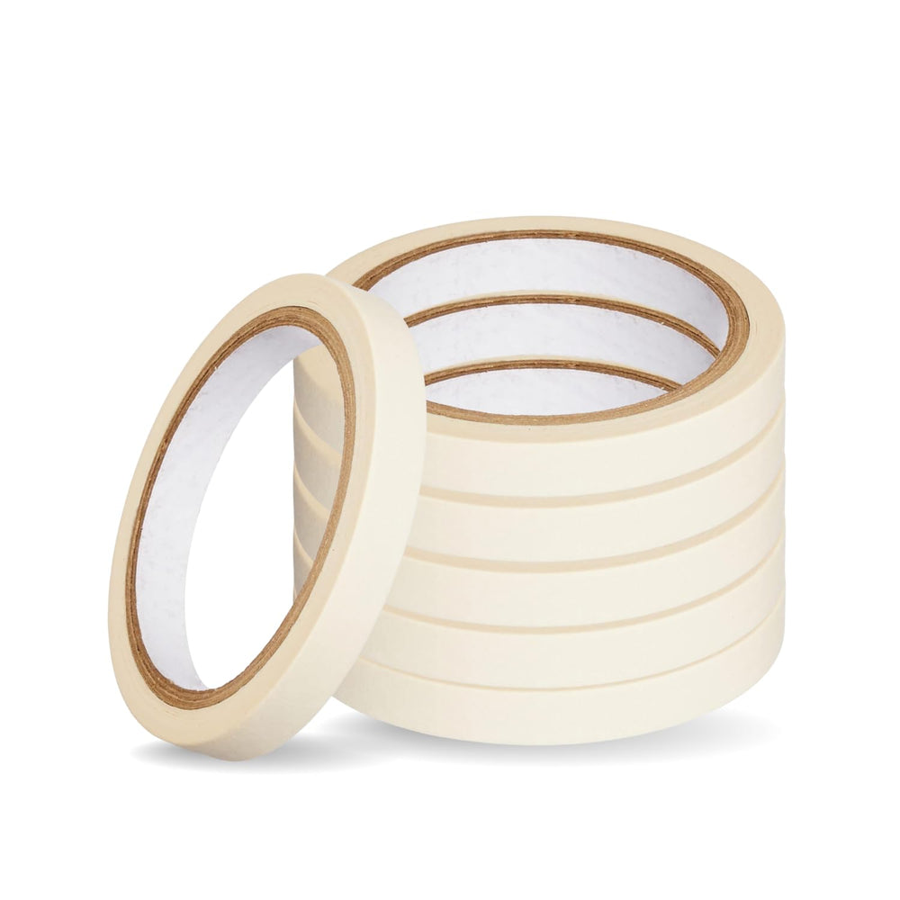 Masking tape 1 or 2 inch, six thin crepe paper rolls, five stacked and one upright