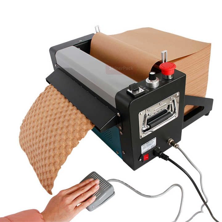 Paper bubble wrap machine with foot pedal, kraft paper coming out as bubble cushioning
