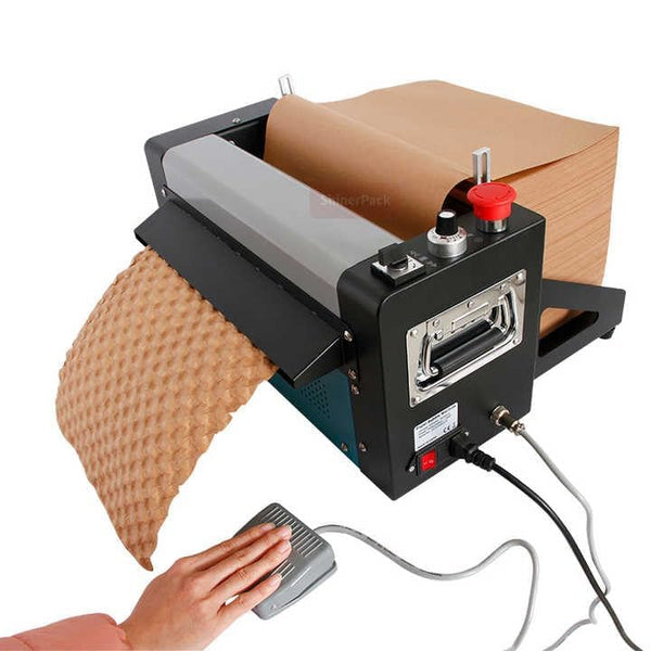 Paper bubble wrap machine with foot pedal, kraft paper coming out as bubble cushioning
