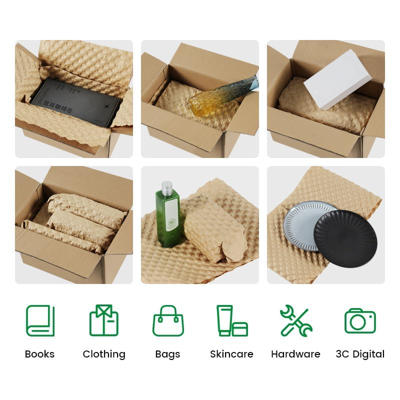 Cartons packed with paper bubble cushioning for books, clothing, bags, skincare, hardware and electronics