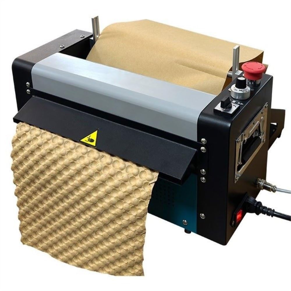 Paper bubble wrap machine BU350 with black metal body making embossed kraft paper cushioning