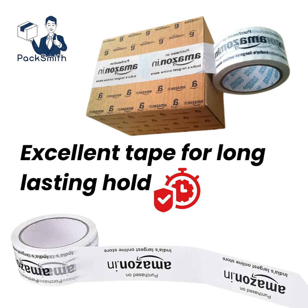 Printed packaging tape for Amazon sellers, white 2 inch roll sealing a carton, with a loose roll below