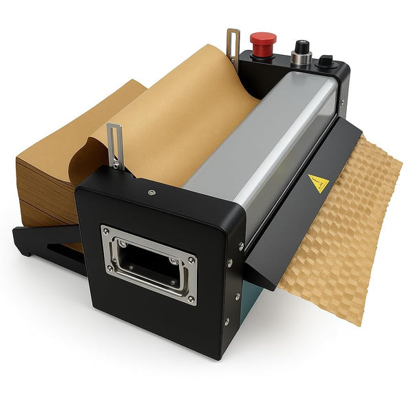 Paper bubble machine side view with kraft paper feeding in and cushioning coming out