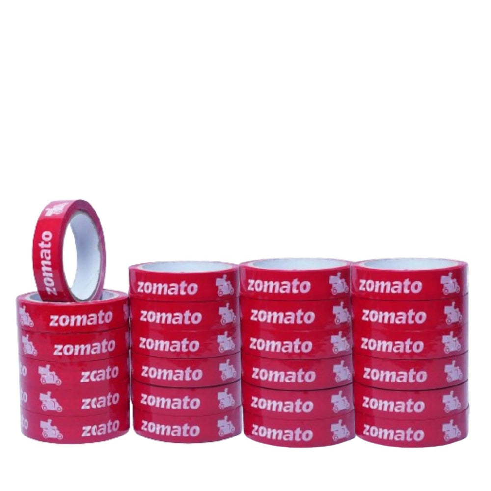 Food delivery tape for Zomato partners, bulk pack of 24 red 1 inch x 65 m rolls in stacks