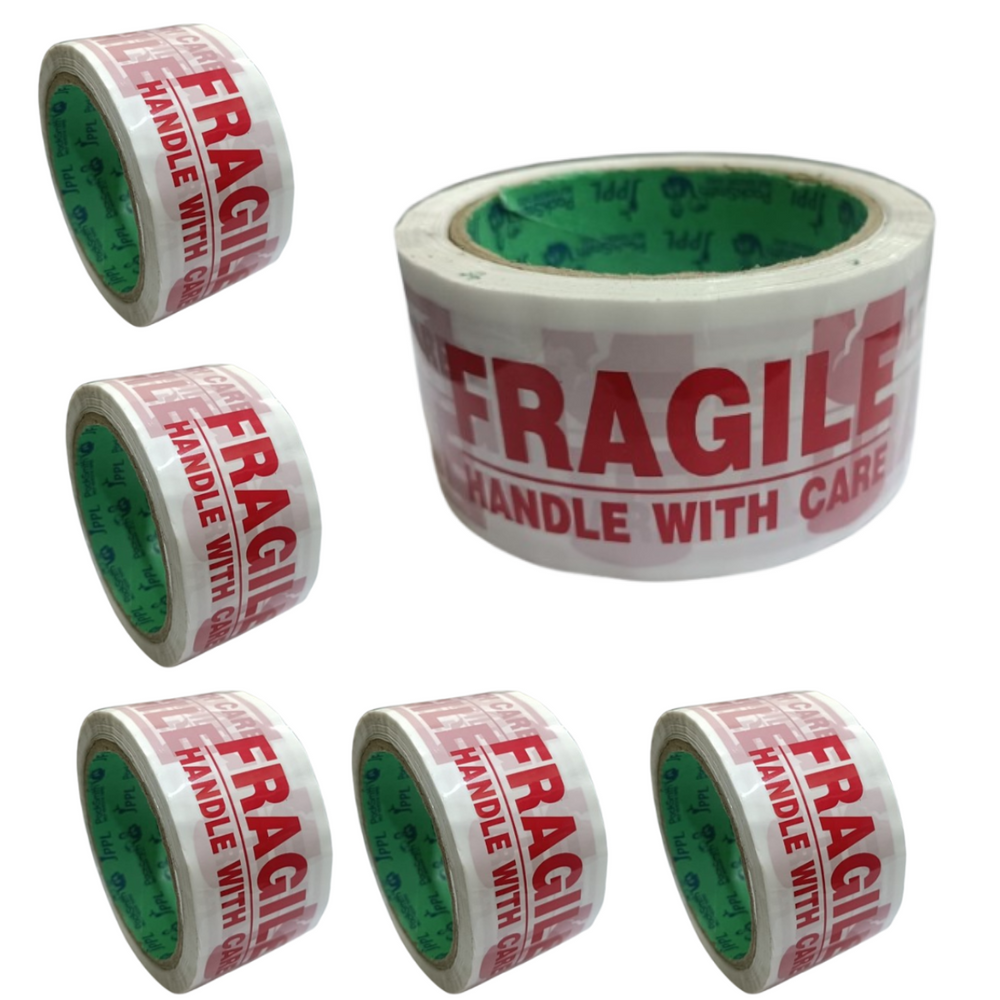 Fragile packing tape 2 inch x 65 m, 6-roll pack, front view with five small rolls
