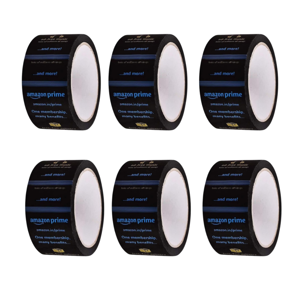 Printed packaging tape for Amazon sellers, set of 6 black rolls with blue print and white cores