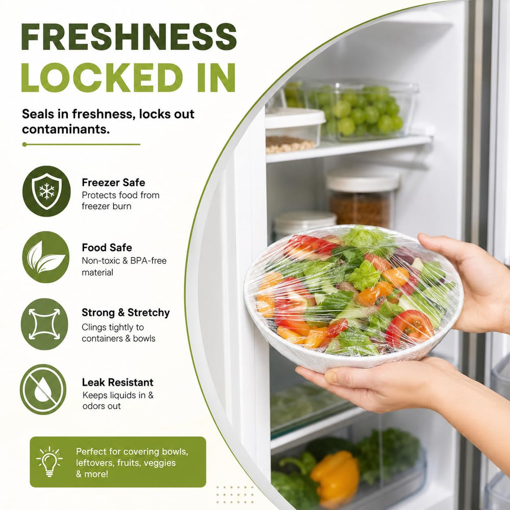Salad bowl wrapped in cling film being put into a fridge