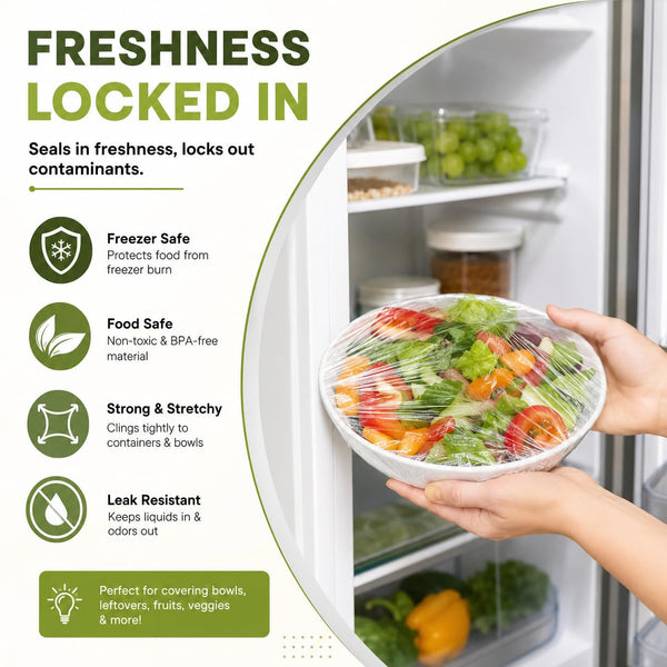 Salad bowl wrapped in cling film being put into a fridge