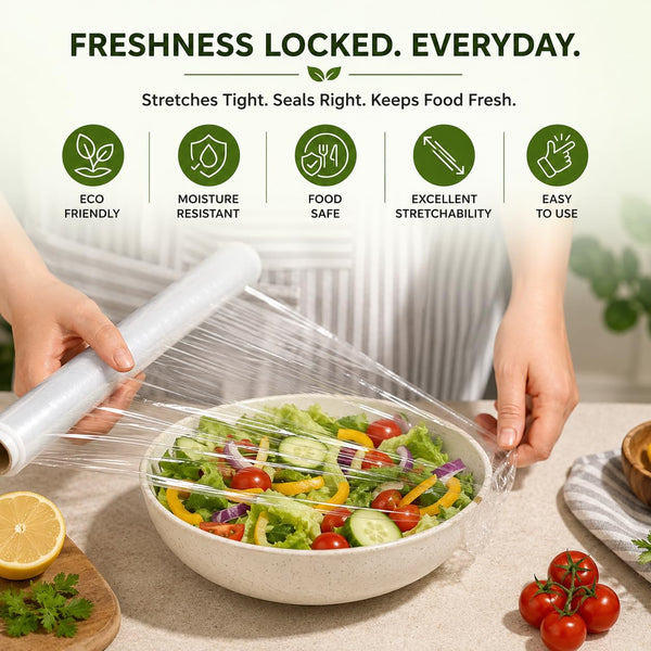 Hands stretching cling film over a salad bowl on a kitchen counter
