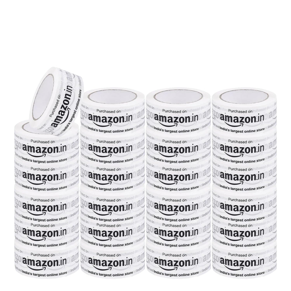 Printed packaging tape for Amazon sellers, bulk pack of 24 white 2 inch rolls in tall stacks