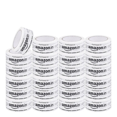 Printed packaging tape for Amazon sellers, bulk pack of 24 white 2 inch rolls in tall stacks
