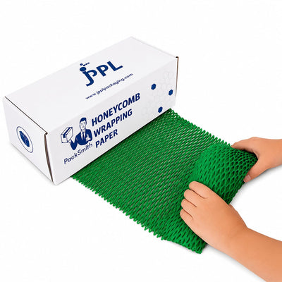 Green honeycomb paper roll 390 mm x 100 m dispensed from the cardboard dispenser box