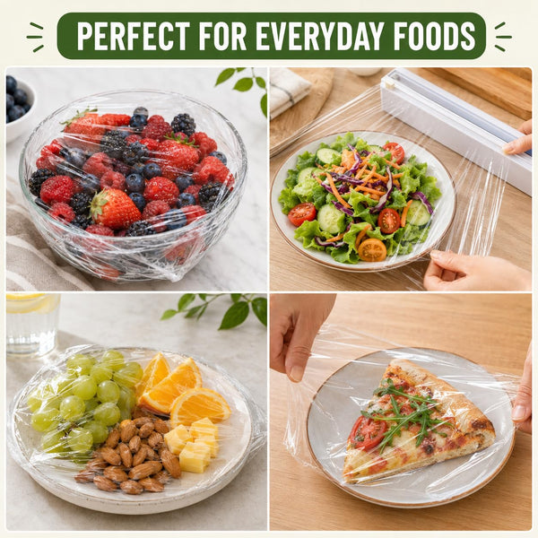 Cling film covering fruit, salad, dry fruits and a slice of pizza
