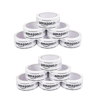 Printed packaging tape for Amazon sellers, pack of 12 white 2 inch rolls in two pyramids