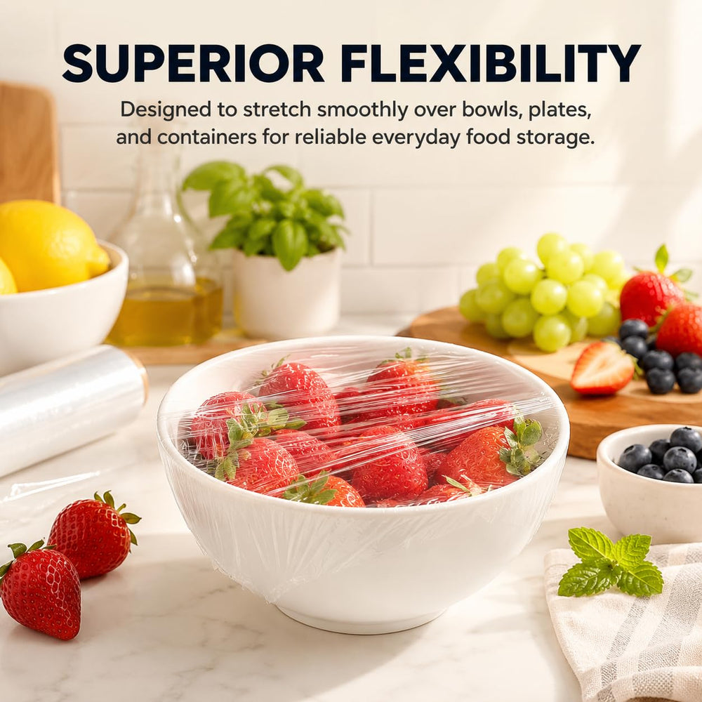 Bowl of strawberries covered tightly with stretched cling film