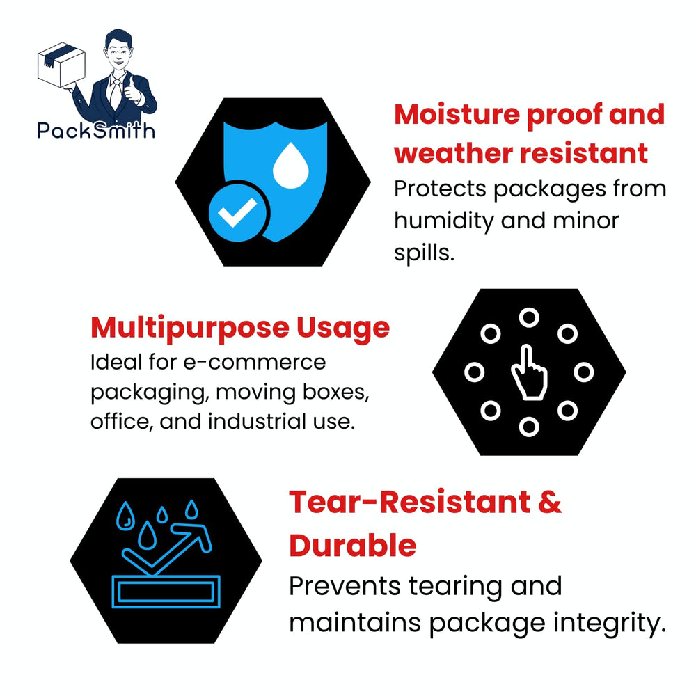 Printed packaging tape for Amazon sellers, feature panel with icons on moisture, uses and tear strength