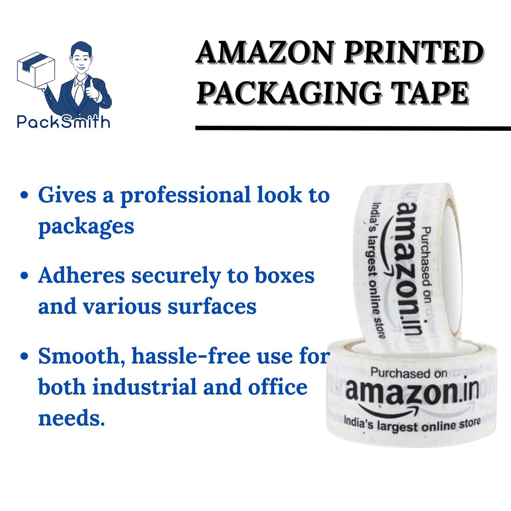 Printed packaging tape for Amazon sellers, two white rolls beside a list of three usage benefits