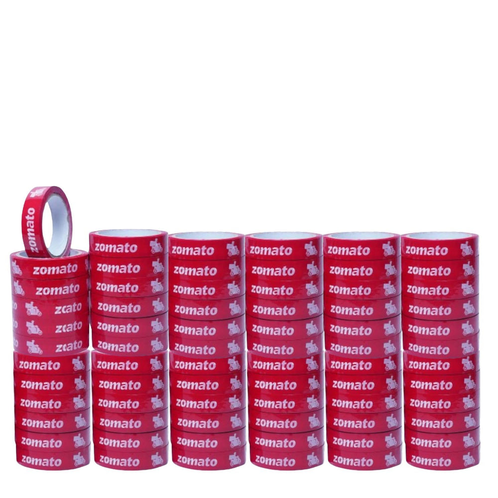 Food delivery tape for Zomato partners, bulk pack of 72 red 1 inch rolls stacked in columns