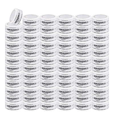 Printed packaging tape for Amazon sellers, large bulk quantity of white 2 inch rolls in six stacks