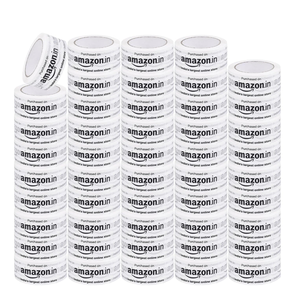 Printed packaging tape for Amazon sellers, bulk quantity of white 2 inch rolls in five stacks