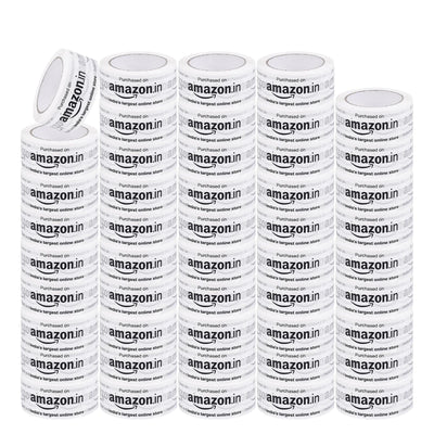 Printed packaging tape for Amazon sellers, bulk quantity of white 2 inch rolls in five stacks