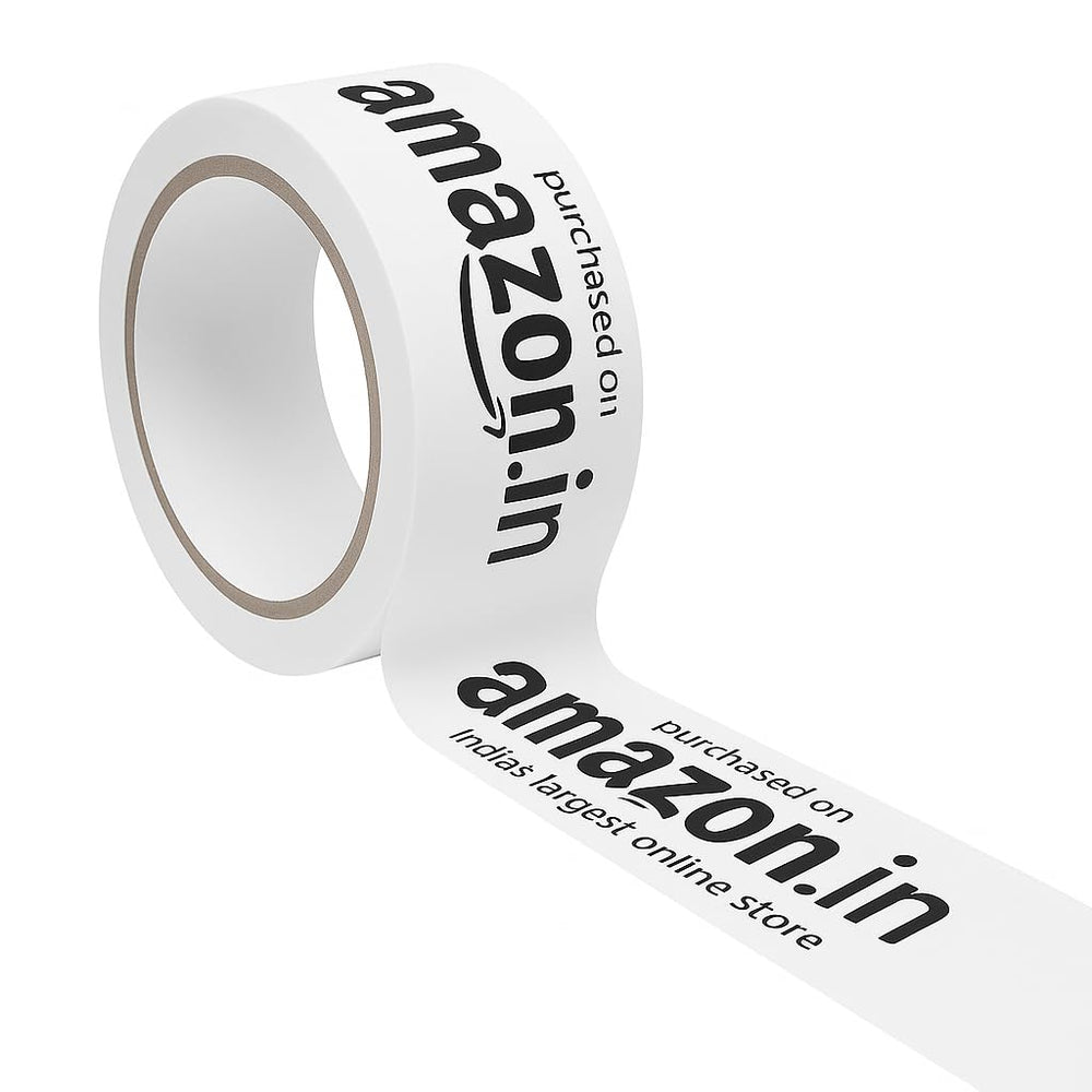 Printed packaging tape for Amazon sellers, white 2 inch x 65 m roll with black print unrolled