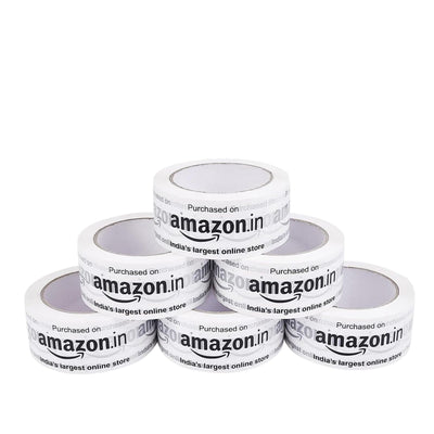 Printed packaging tape for Amazon sellers, pack of 6 white 2 inch x 65 m rolls in a pyramid
