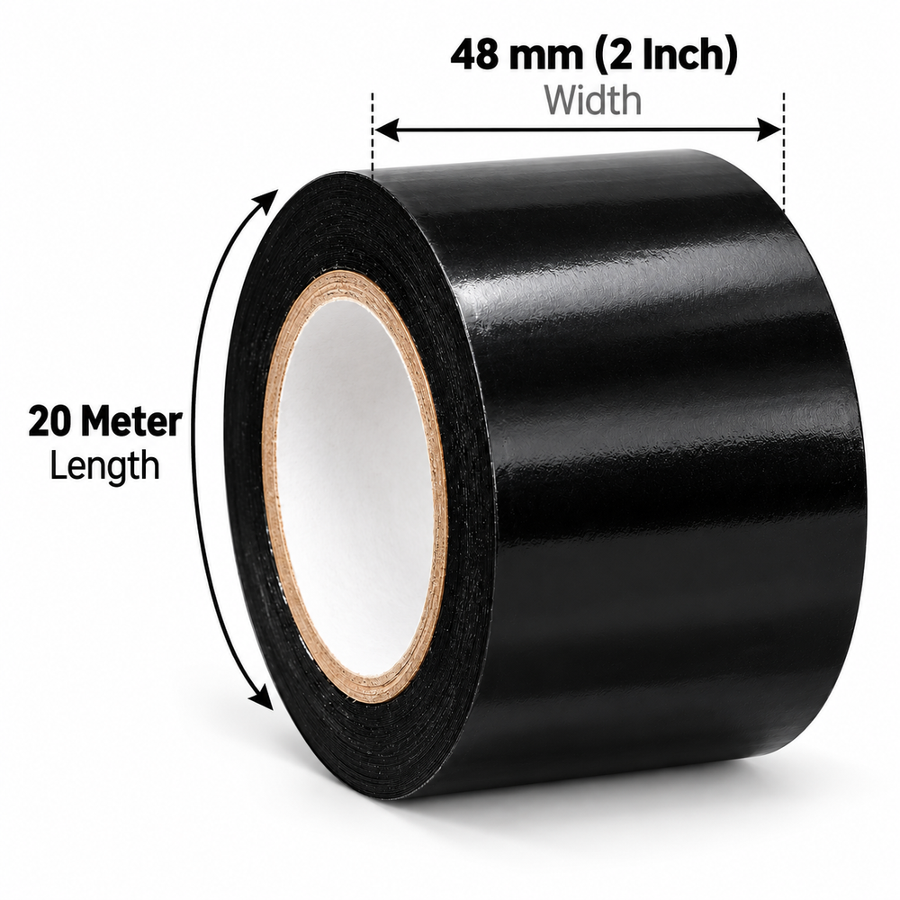 Black PVC insulation tape roll with 48 mm (2 inch) width and 20 m length marked