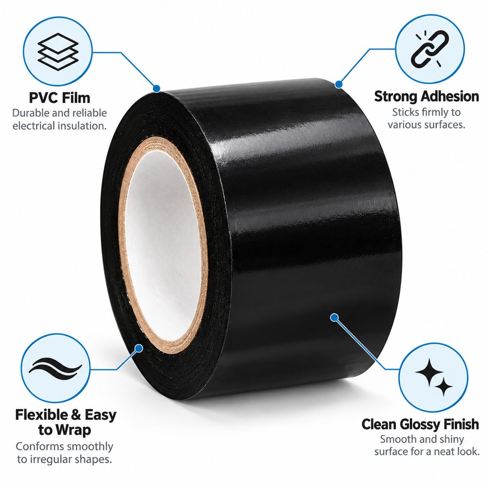 Black PVC insulation tape 2 inch roll with callouts on PVC film, adhesion, flexibility and gloss